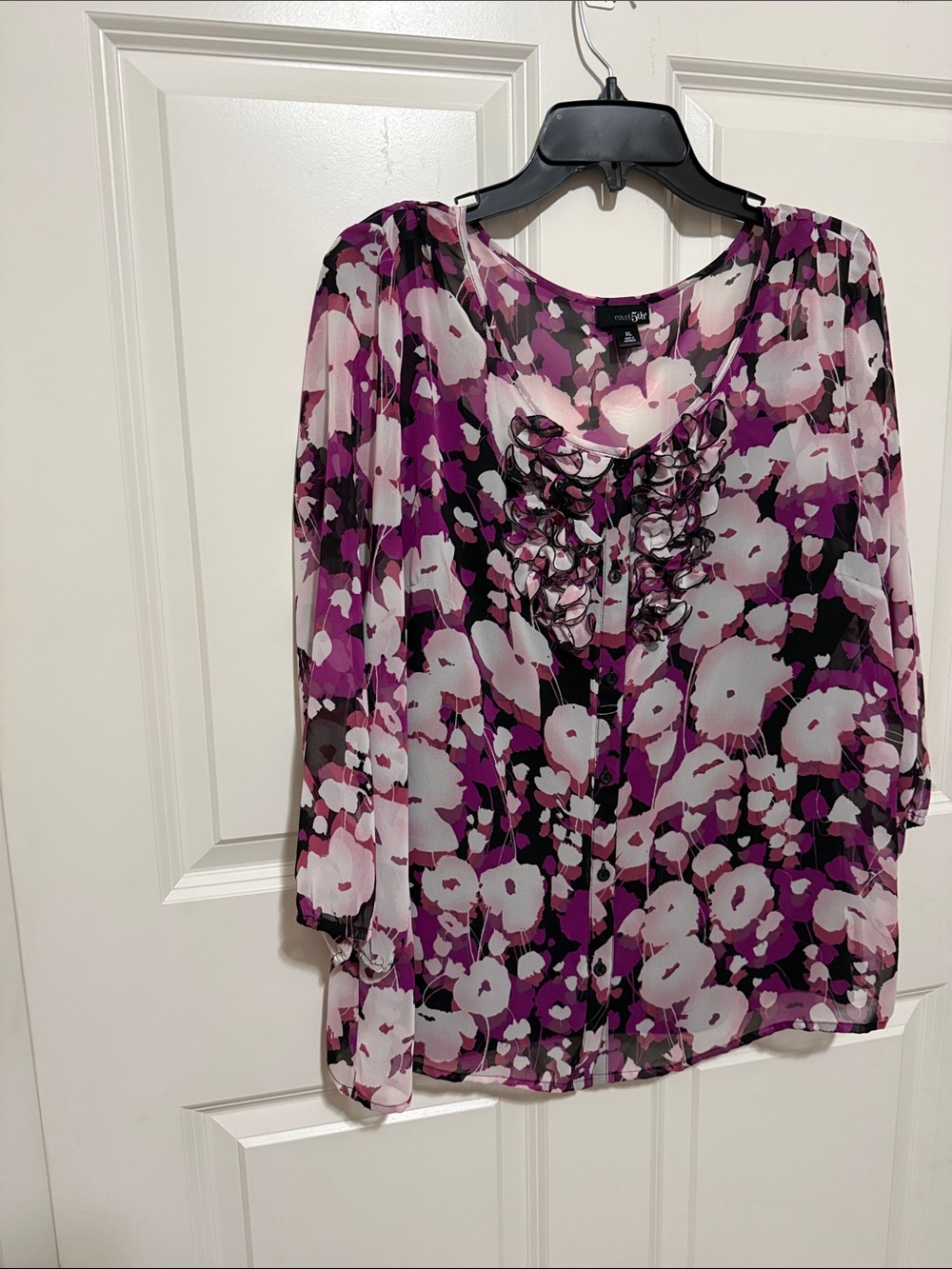East 5th Purple Floral Ruffle Front Blouse - Women's